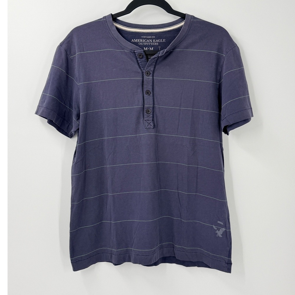 American Eagle Henley Shirt Mens M Blue Striped Vtg Y2K Grunge Preppy Faded